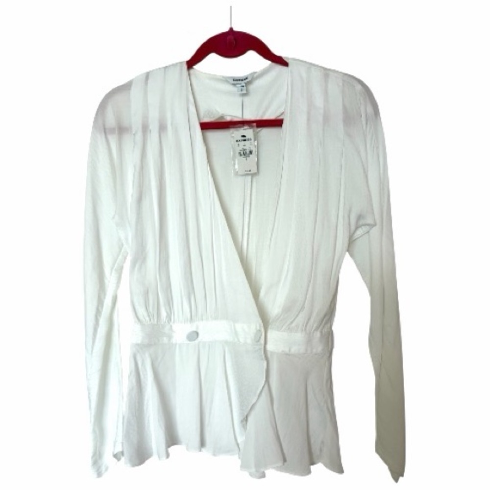 Express NWT White Silky Sheer‎ Blouse with Covered Buttons and Peplum